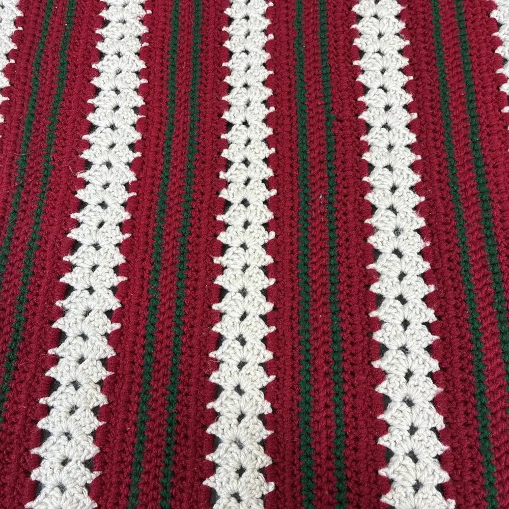 Handmade Crochet Blanket Afghan Throw 67x53 Red Green Ivory Vintage Style Chrty